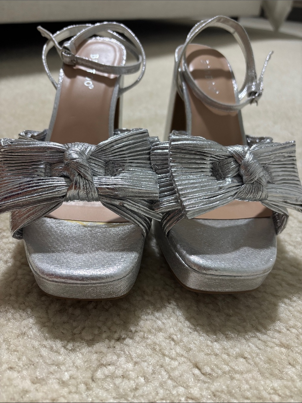 Bamboo Metallic Silver Bow Sandals with Block Heel